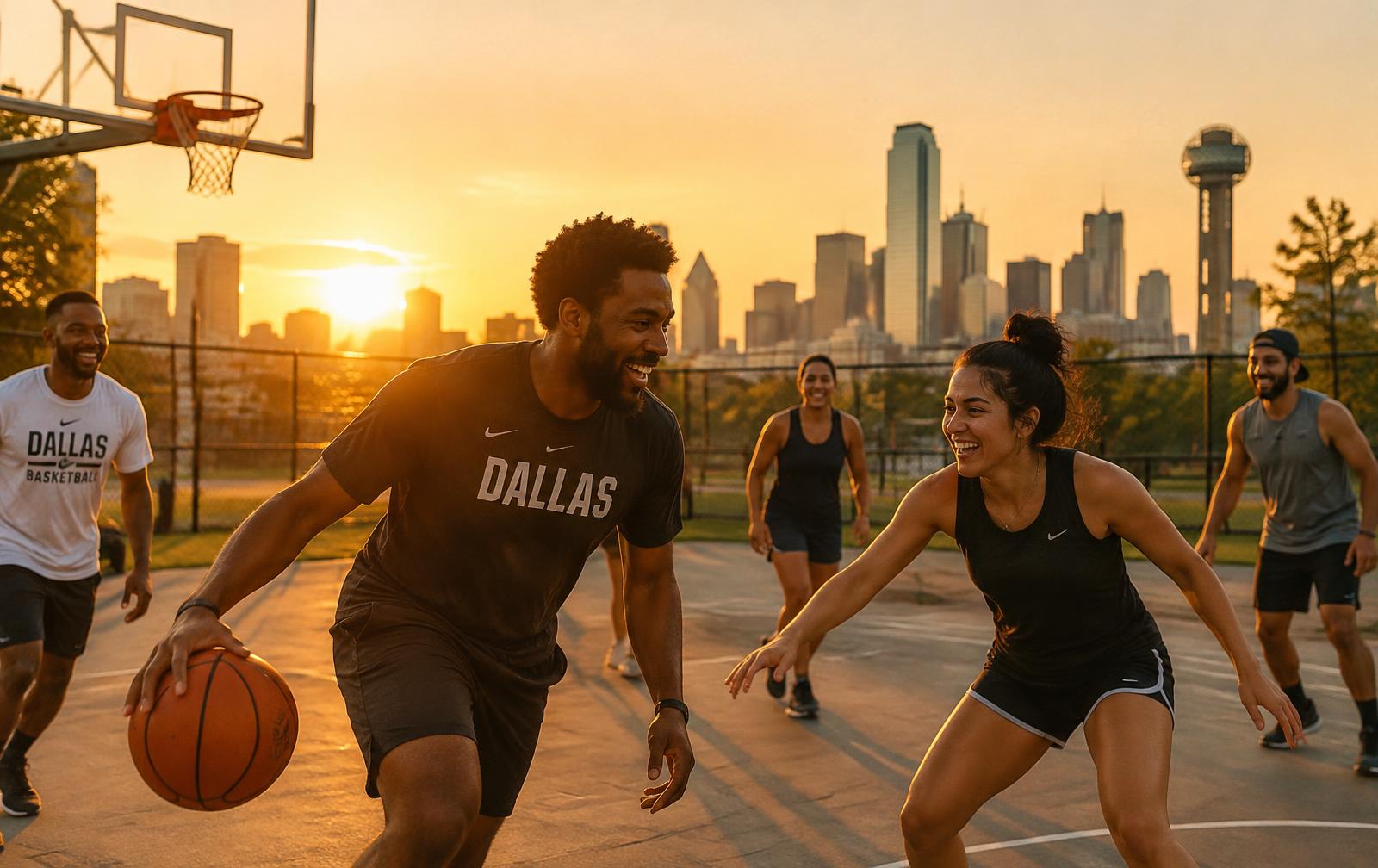 Adults playing pickup basketball at sunset